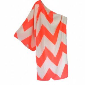 Women’s Mini Dress Size M Chevron Neon Orange White One Shoulder Lined